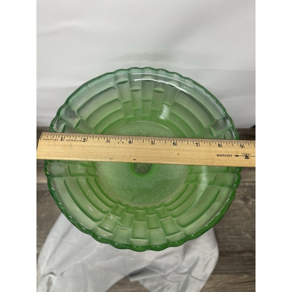 Vtg Green Pressed Glass Pedestal Compote Bowl 9" Wide Heavy Footed Centerpiece - Picture 8 of 11